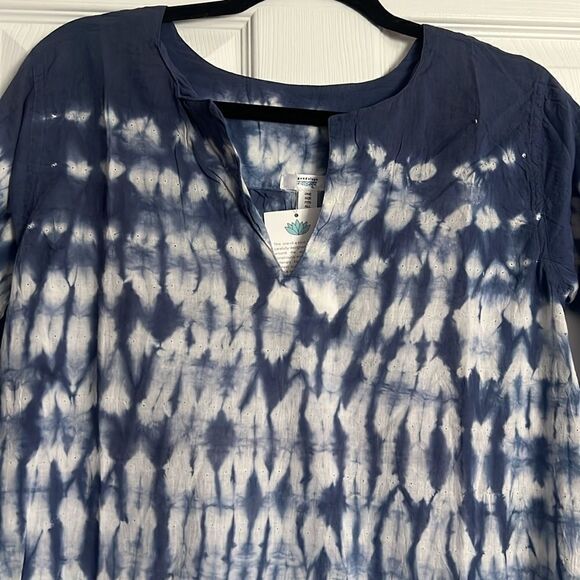 NWT - Long Caftan Tye Dye Blue Printed Cover Up - One Size - One of a Kind - Picture 2 of 5